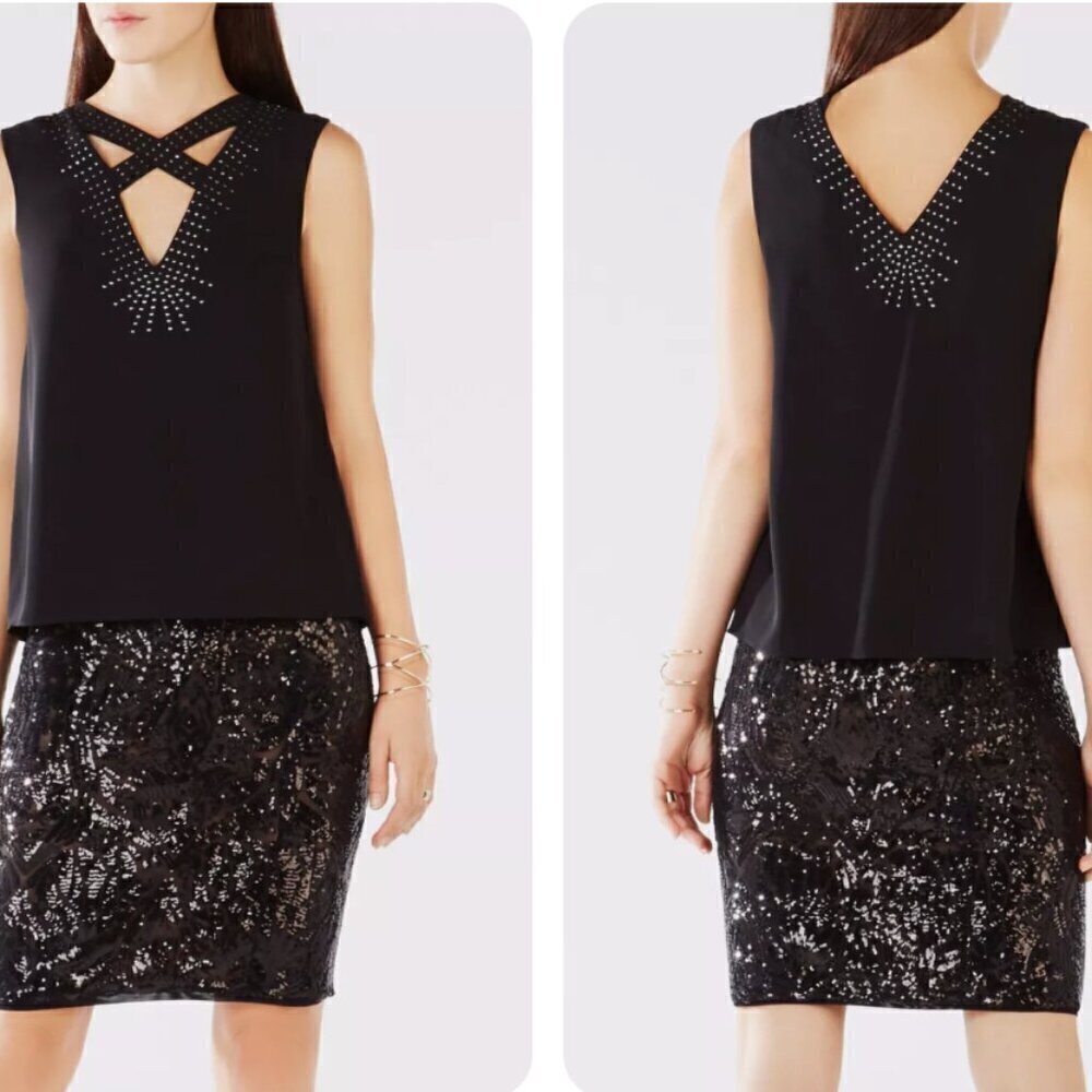 BCBGMaxAzria Black Joline Studded Crisscross Sleeveless Blouse, Size Small